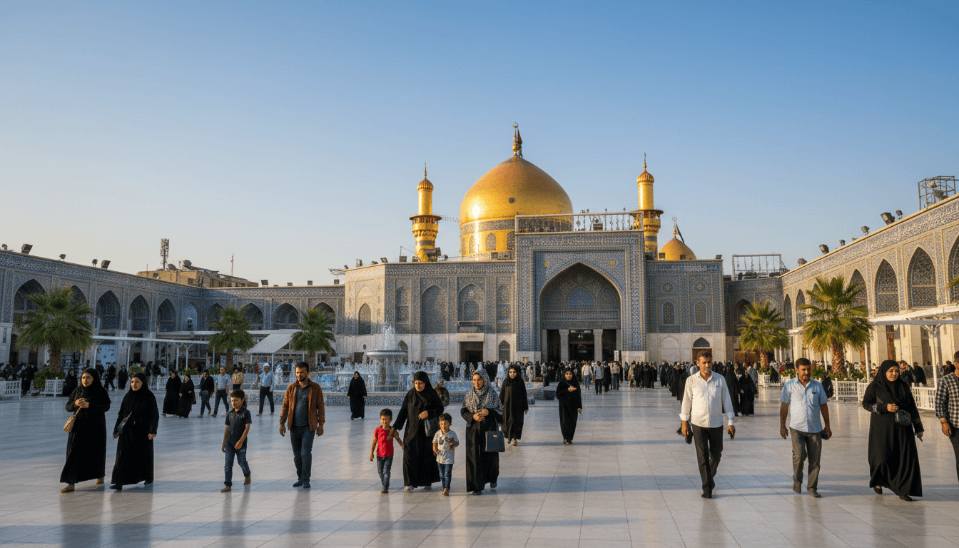 Golden dome of a holy shrine in Iraq with pilgrims in the courtyard below