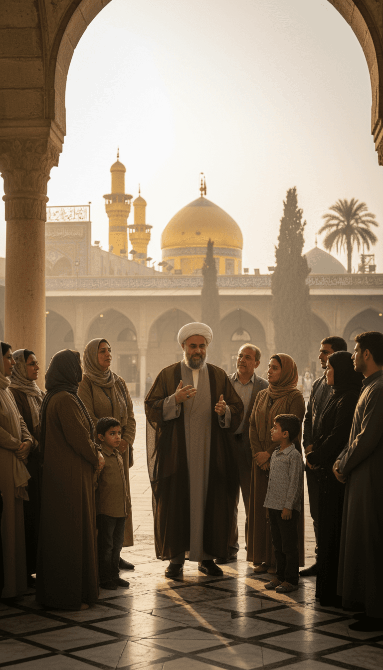 Scholar sharing guidance with a small group of pilgrims