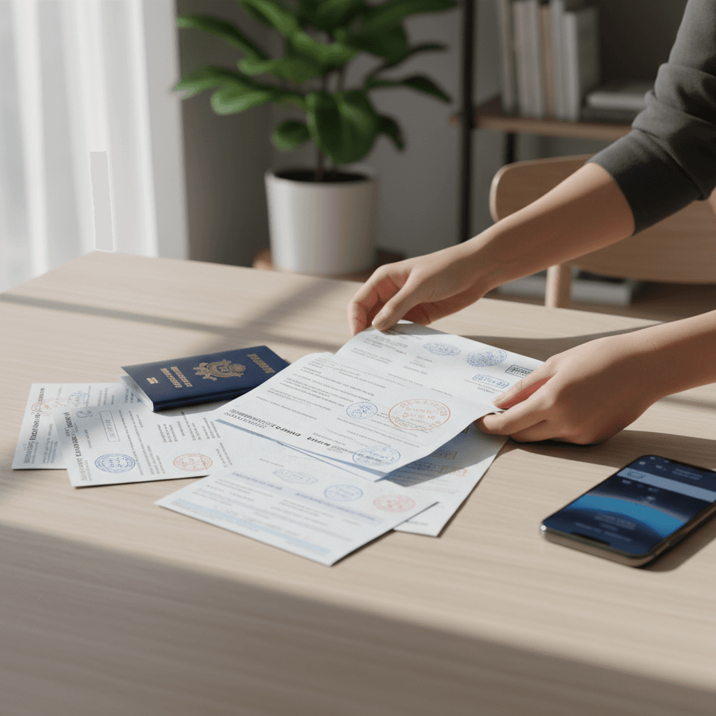 Family reviewing travel plans together at home
