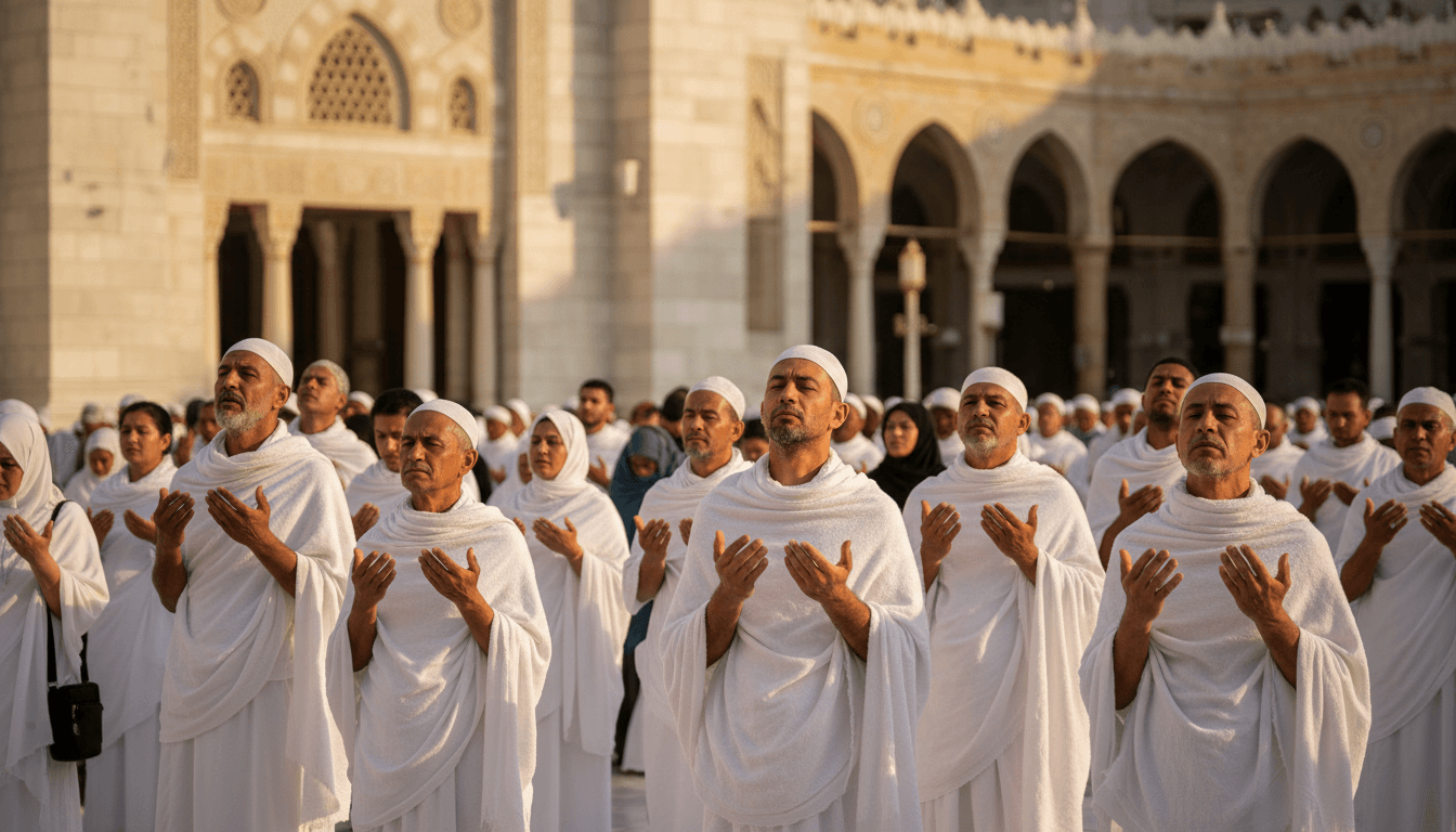 Pilgrims walking toward the golden dome of a shrine in Iraq at sunset, spiritual atmosphere, warm golden light