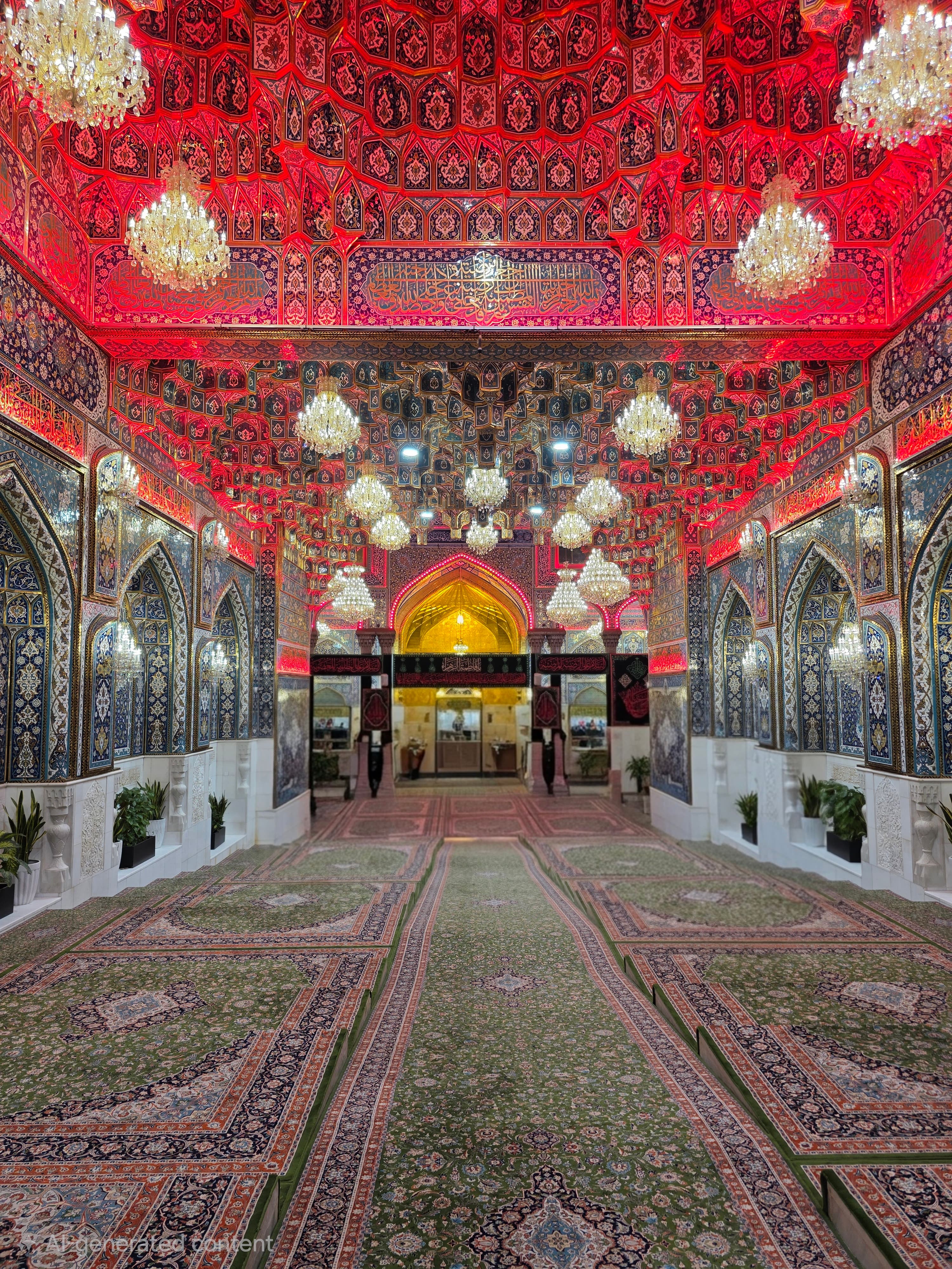 Ornate mosque interior with a red patterned ceiling, crystal chandeliers, and green decorative carpets.