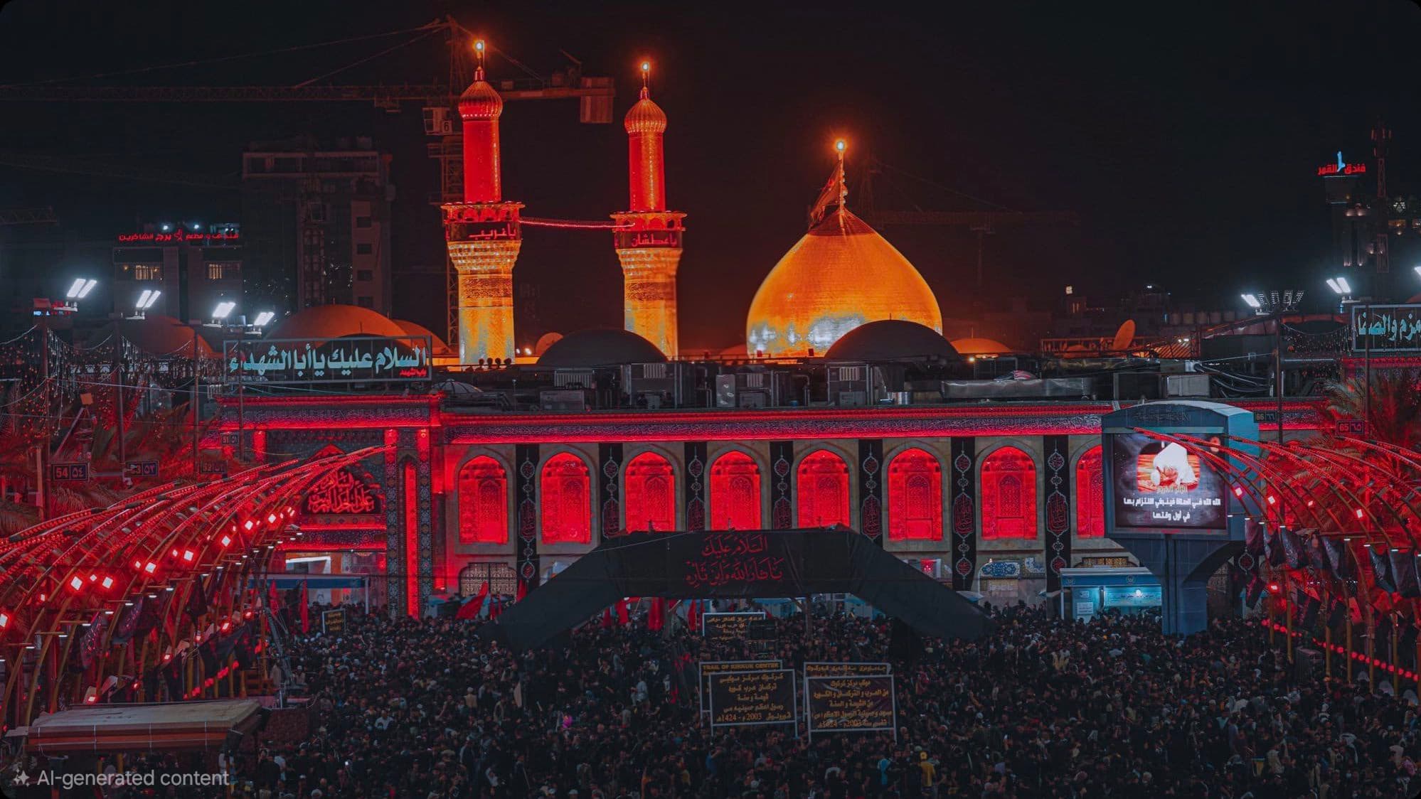 Massive crowd gathered at night before a golden-domed shrine with glowing red minarets.