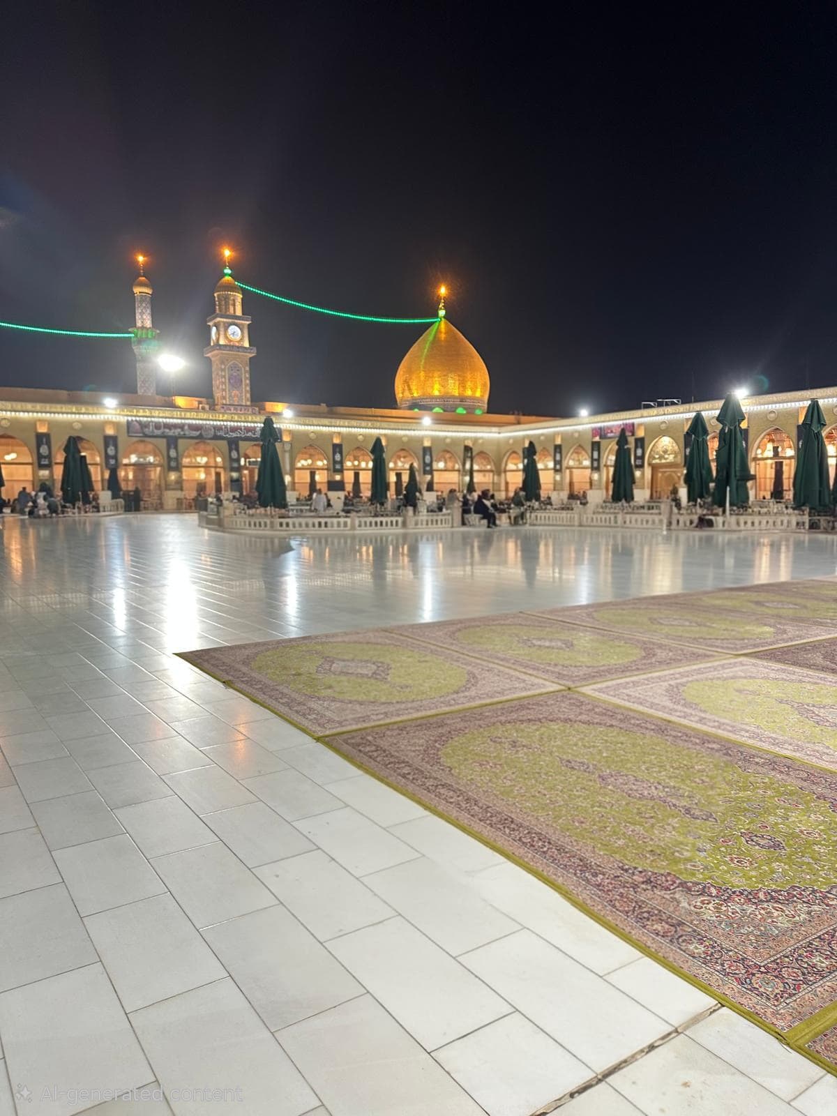 Illuminated golden dome and minarets overlook a vast marble courtyard with patterned carpets at night.